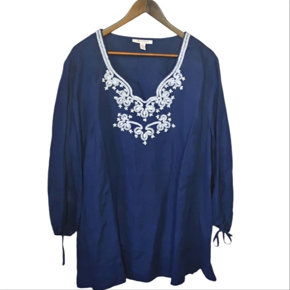 JM Collection 100% Linen Beaded Embroidered Tunic Top Navy Blue Plus Size 18 - Picture 1 of 13